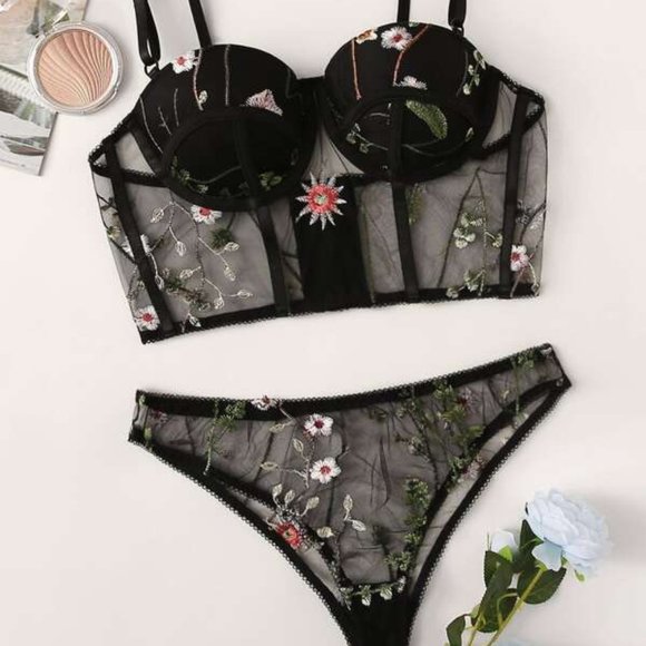 Other - Floral Embroidery Mesh Underwire Lingerie Set